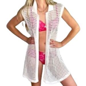 Swim Cardigan Cover Up Mesh White Net Crochet Womens Medium